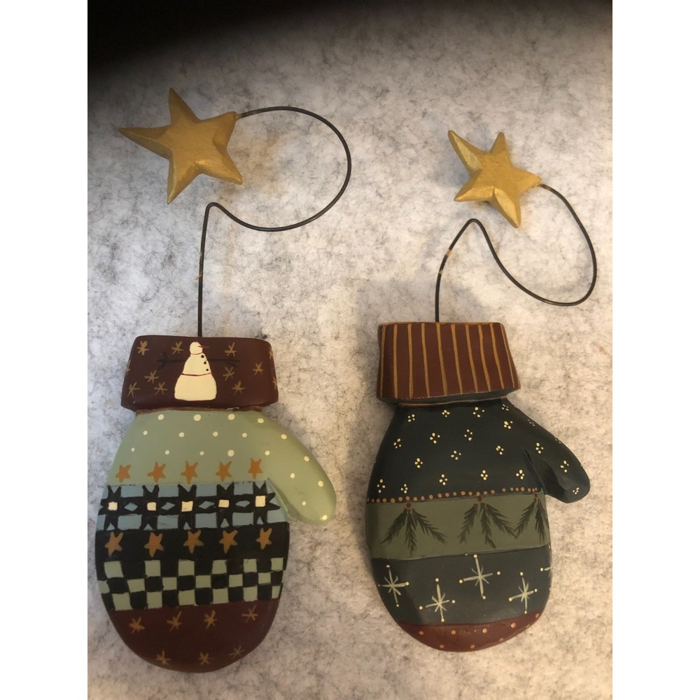 2 ~Vtg Williraye Studio Wood Mittens Christmas Ornaments Hand Painted Folk Art